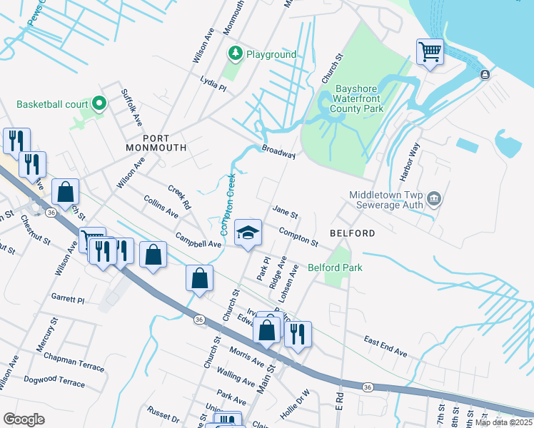 map of restaurants, bars, coffee shops, grocery stores, and more near 125 Church Street in Middletown Township