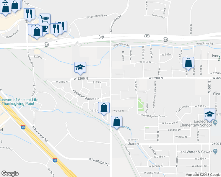 map of restaurants, bars, coffee shops, grocery stores, and more near 3080 North 1200 West in Lehi
