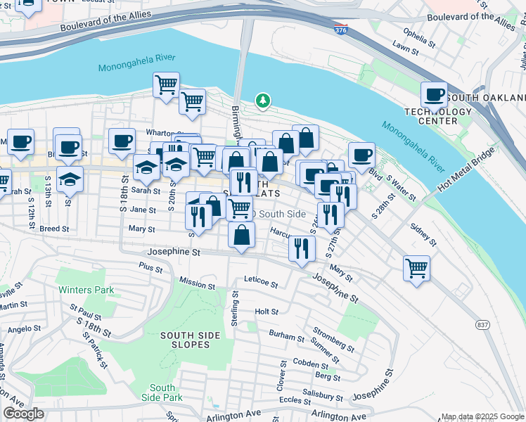 map of restaurants, bars, coffee shops, grocery stores, and more near 2315 Jane Street in Pittsburgh