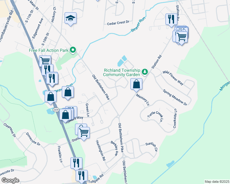 map of restaurants, bars, coffee shops, grocery stores, and more near 1219 Quakers Way in Quakertown