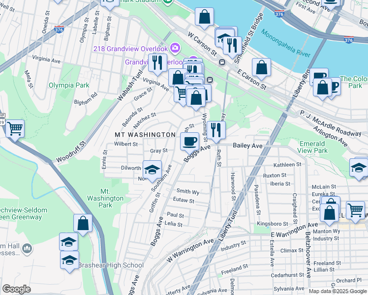 map of restaurants, bars, coffee shops, grocery stores, and more near 119 Southern Avenue in Pittsburgh
