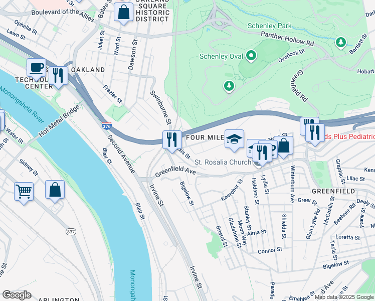 map of restaurants, bars, coffee shops, grocery stores, and more near 300 Saline Street in Pittsburgh