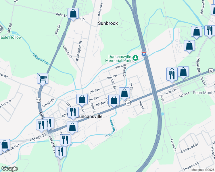 map of restaurants, bars, coffee shops, grocery stores, and more near 6th Avenue in Duncansville