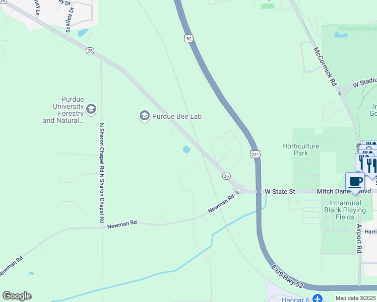 map of restaurants, bars, coffee shops, grocery stores, and more near 2175 Indiana 26 in West Lafayette