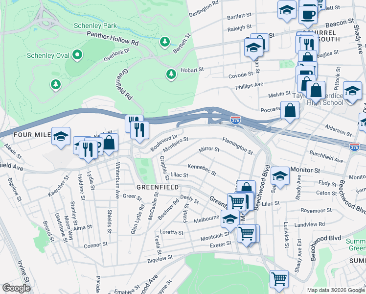 map of restaurants, bars, coffee shops, grocery stores, and more near 864 Flemington Street in Pittsburgh
