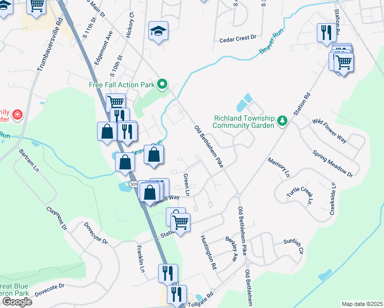 map of restaurants, bars, coffee shops, grocery stores, and more near 282 Johnson Lane in Quakertown