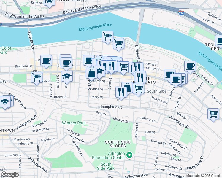 map of restaurants, bars, coffee shops, grocery stores, and more near 133 South 20th Street in Pittsburgh