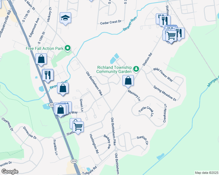 map of restaurants, bars, coffee shops, grocery stores, and more near 1219 Quakers Way in Quakertown