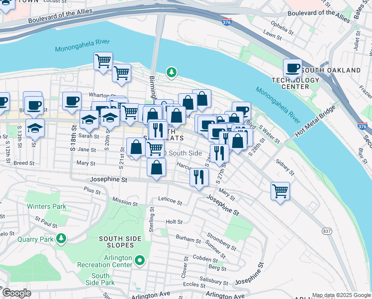 map of restaurants, bars, coffee shops, grocery stores, and more near 2418 Sarah Street in Pittsburgh
