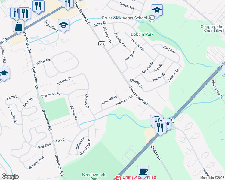 map of restaurants, bars, coffee shops, grocery stores, and more near 8 Patricia Way in South Brunswick Township