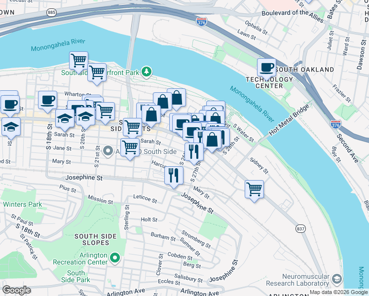 map of restaurants, bars, coffee shops, grocery stores, and more near 2517 Larkins Way in Pittsburgh
