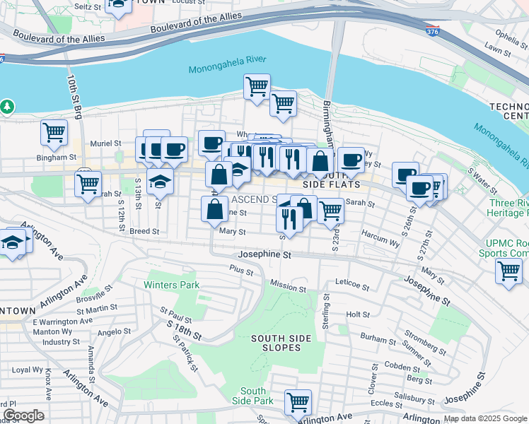 map of restaurants, bars, coffee shops, grocery stores, and more near 133 South 20th Street in Pittsburgh