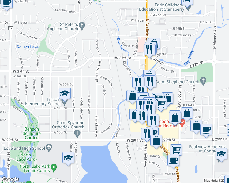 map of restaurants, bars, coffee shops, grocery stores, and more near 3323 Butternut Drive in Loveland