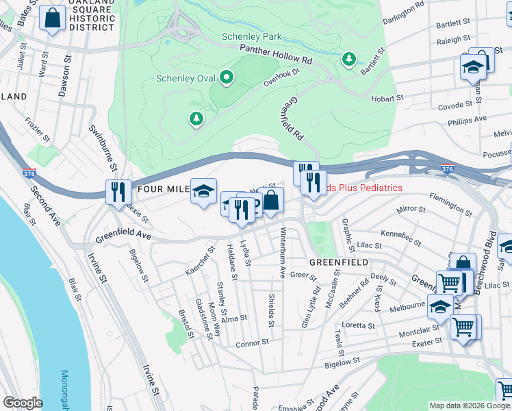 map of restaurants, bars, coffee shops, grocery stores, and more near in Pittsburgh