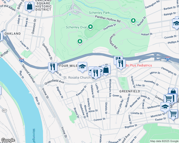 map of restaurants, bars, coffee shops, grocery stores, and more near 3908 Lydia Street in Pittsburgh