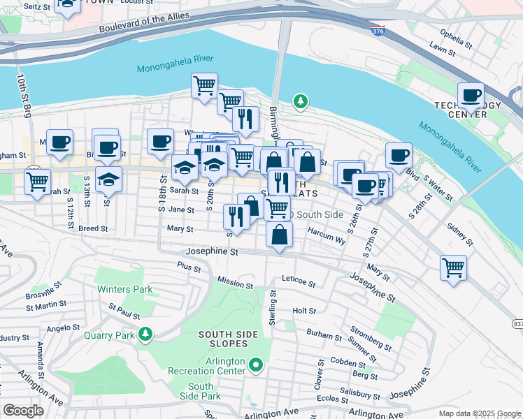 map of restaurants, bars, coffee shops, grocery stores, and more near 2218 Jane Street in Pittsburgh