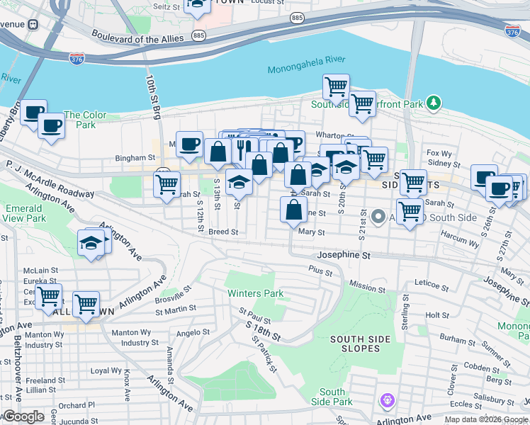 map of restaurants, bars, coffee shops, grocery stores, and more near 166 South 16th Street in Pittsburgh