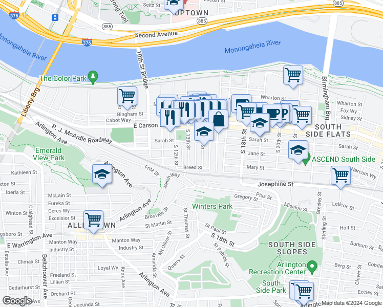 map of restaurants, bars, coffee shops, grocery stores, and more near 35 Uxor Way in Pittsburgh