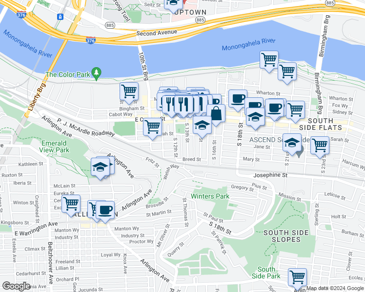map of restaurants, bars, coffee shops, grocery stores, and more near 34 Enon Way in Pittsburgh