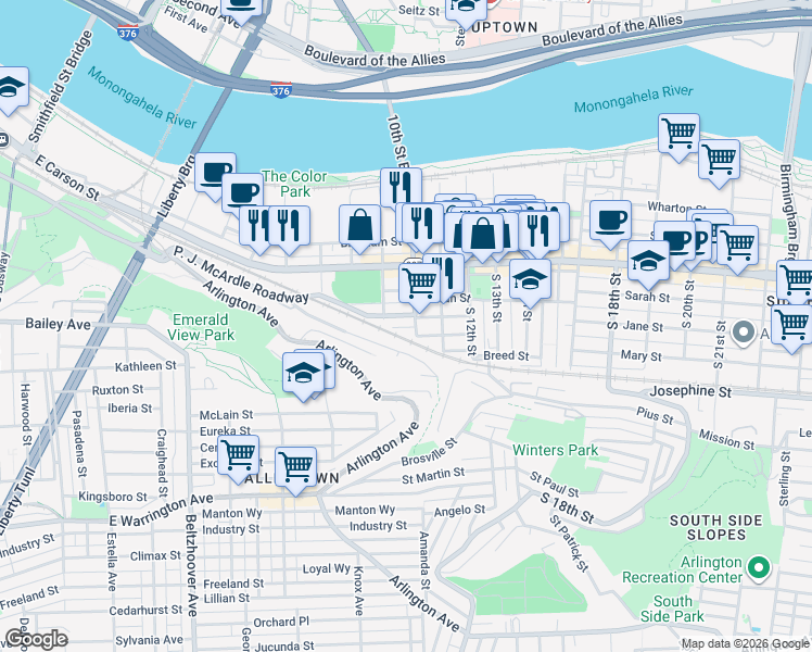 map of restaurants, bars, coffee shops, grocery stores, and more near 938 Pretense Way in Pittsburgh