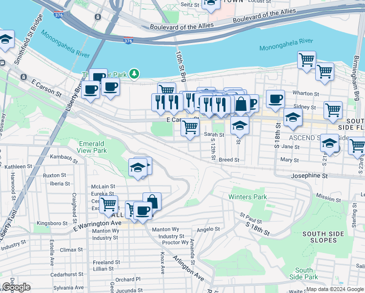map of restaurants, bars, coffee shops, grocery stores, and more near 938 Pretense Way in Pittsburgh