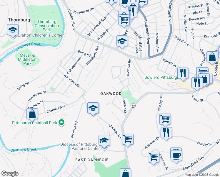 map of restaurants, bars, coffee shops, grocery stores, and more near 1715 Durbin Street in Pittsburgh