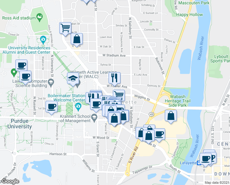 map of restaurants, bars, coffee shops, grocery stores, and more near in West Lafayette