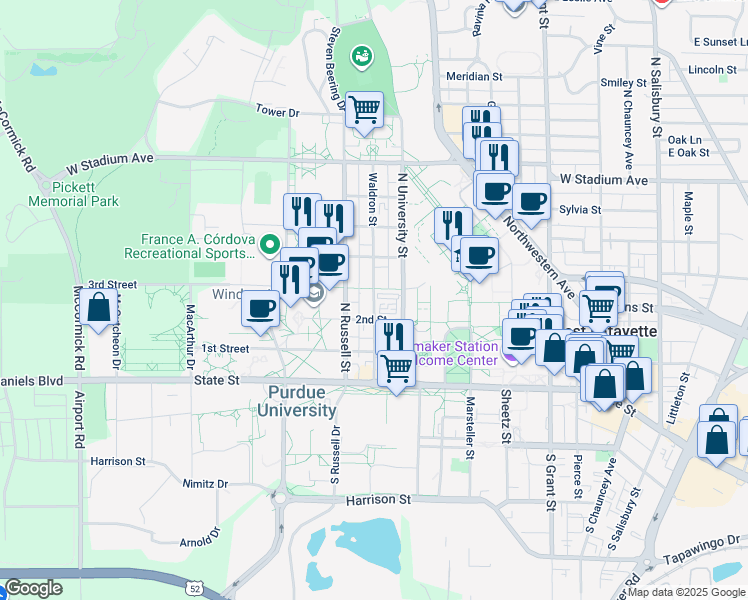 map of restaurants, bars, coffee shops, grocery stores, and more near 201 North University Street in West Lafayette