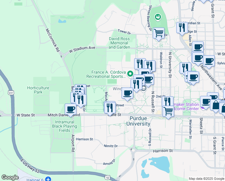 map of restaurants, bars, coffee shops, grocery stores, and more near 1275 3rd St in West Lafayette