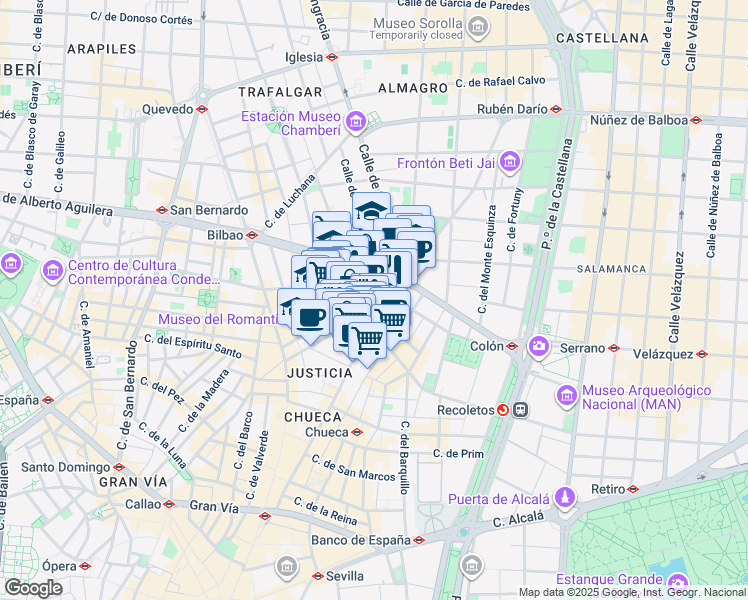 map of restaurants, bars, coffee shops, grocery stores, and more near 1 Plaza de Santa Bárbara in Madrid