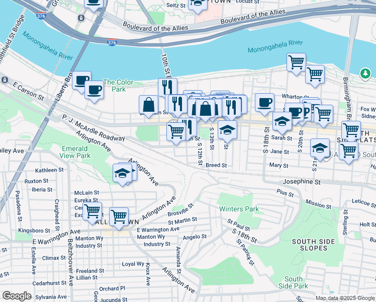 map of restaurants, bars, coffee shops, grocery stores, and more near 117 South 11th Street in Pittsburgh