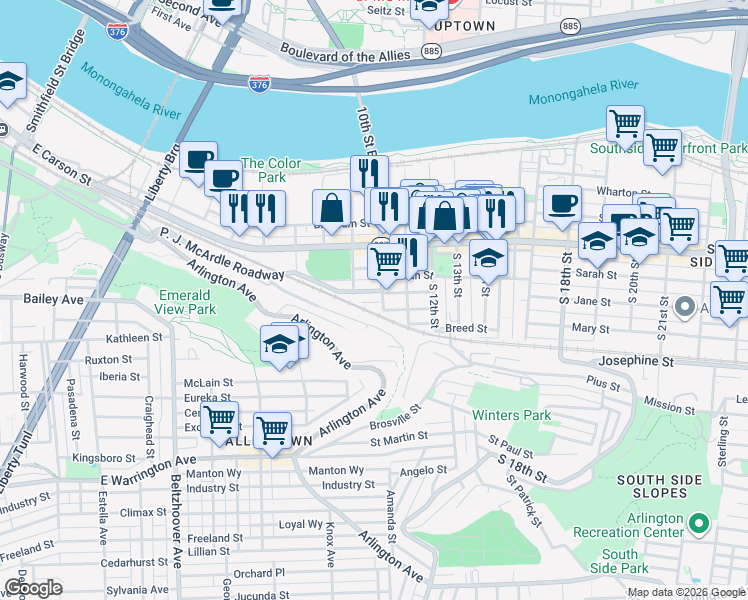 map of restaurants, bars, coffee shops, grocery stores, and more near 938 Pretense Way in Pittsburgh