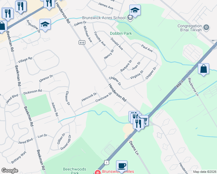 map of restaurants, bars, coffee shops, grocery stores, and more near 3 Joshua Court in South Brunswick Township