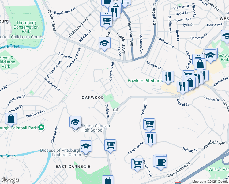 map of restaurants, bars, coffee shops, grocery stores, and more near 86 Oakwood Road in Pittsburgh