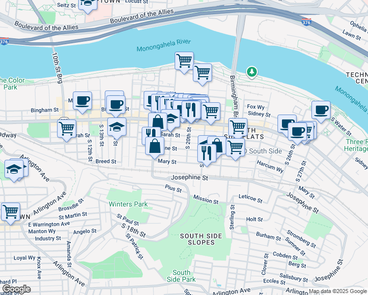 map of restaurants, bars, coffee shops, grocery stores, and more near 1929 Jane Street in Pittsburgh