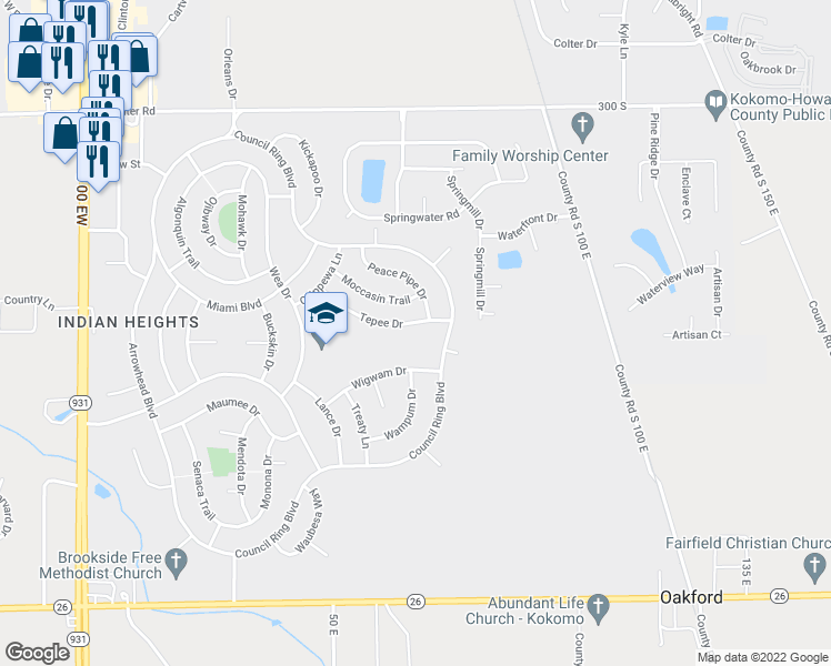 map of restaurants, bars, coffee shops, grocery stores, and more near 1211 Tepee Drive in Kokomo