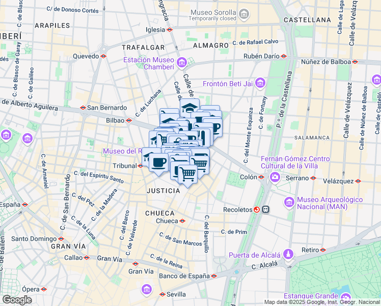 map of restaurants, bars, coffee shops, grocery stores, and more near 1 Plaza de Santa Bárbara in Madrid