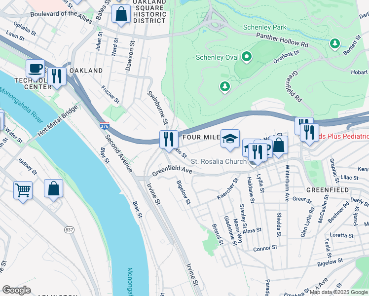 map of restaurants, bars, coffee shops, grocery stores, and more near 300 Saline Street in Pittsburgh