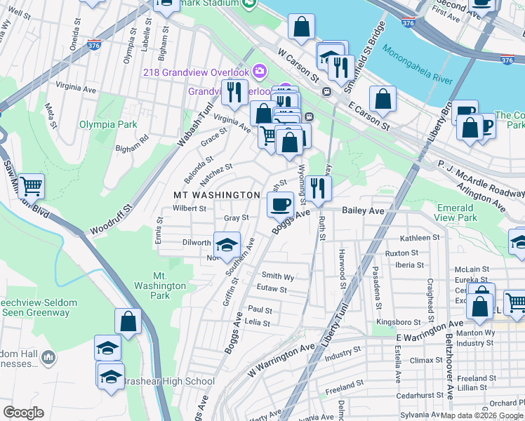 map of restaurants, bars, coffee shops, grocery stores, and more near 101 Southern Avenue in Pittsburgh