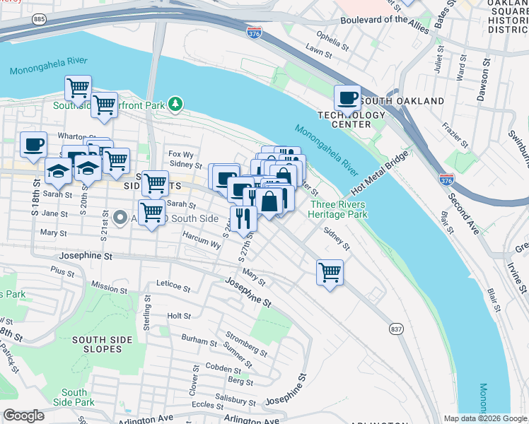 map of restaurants, bars, coffee shops, grocery stores, and more near 2763 E Carson St in Pittsburgh