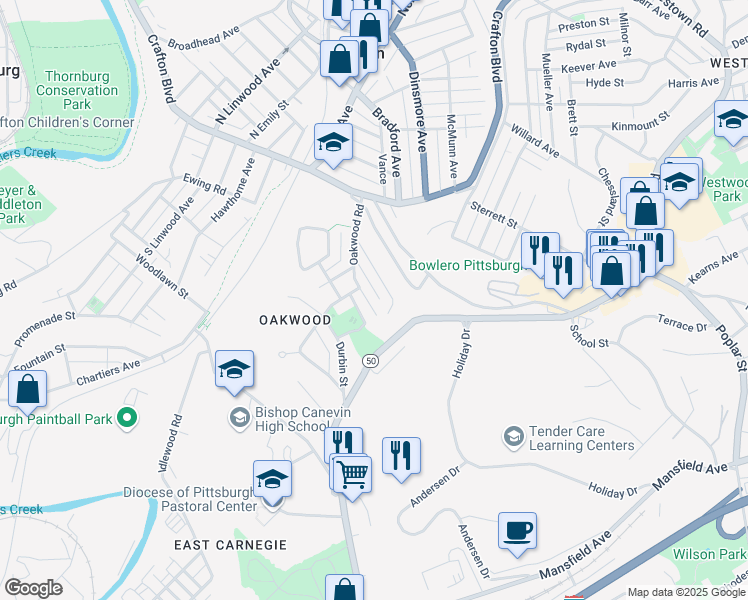 map of restaurants, bars, coffee shops, grocery stores, and more near 86 Oakwood Road in Pittsburgh