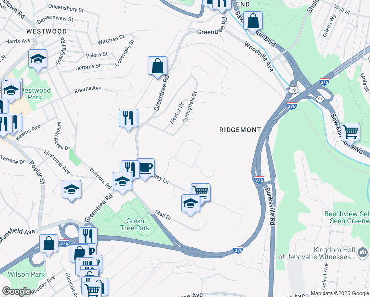 map of restaurants, bars, coffee shops, grocery stores, and more near 325 Elizabeth Avenue in East Pittsburgh