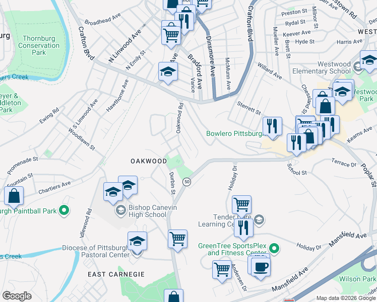map of restaurants, bars, coffee shops, grocery stores, and more near 86 Oakwood Road in Pittsburgh