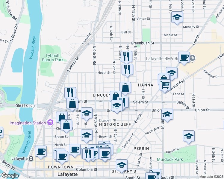 map of restaurants, bars, coffee shops, grocery stores, and more near 1030 Tippecanoe Street in Lafayette