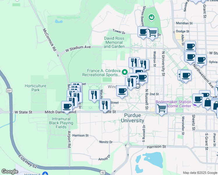 map of restaurants, bars, coffee shops, grocery stores, and more near 1275 3rd Street in West Lafayette