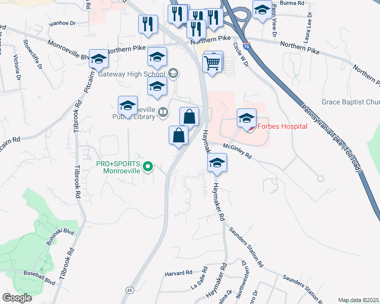 map of restaurants, bars, coffee shops, grocery stores, and more near 2550 Mosside Boulevard in Monroeville