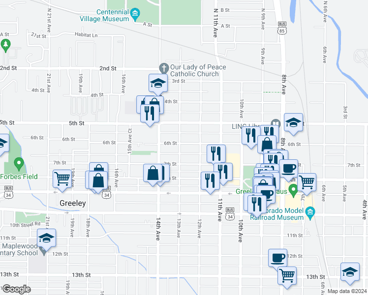 map of restaurants, bars, coffee shops, grocery stores, and more near 615 13th Avenue in Greeley