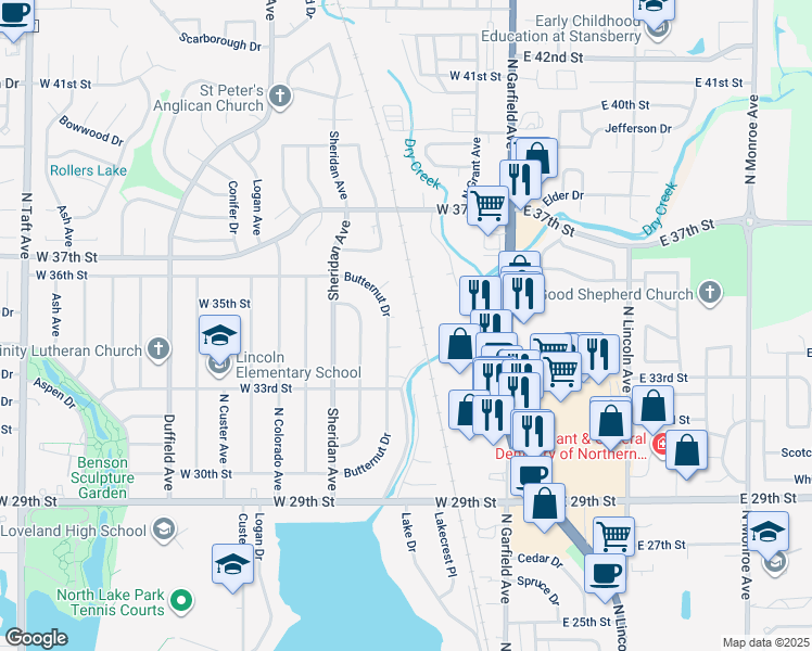 map of restaurants, bars, coffee shops, grocery stores, and more near 3402 Butternut Drive in Loveland