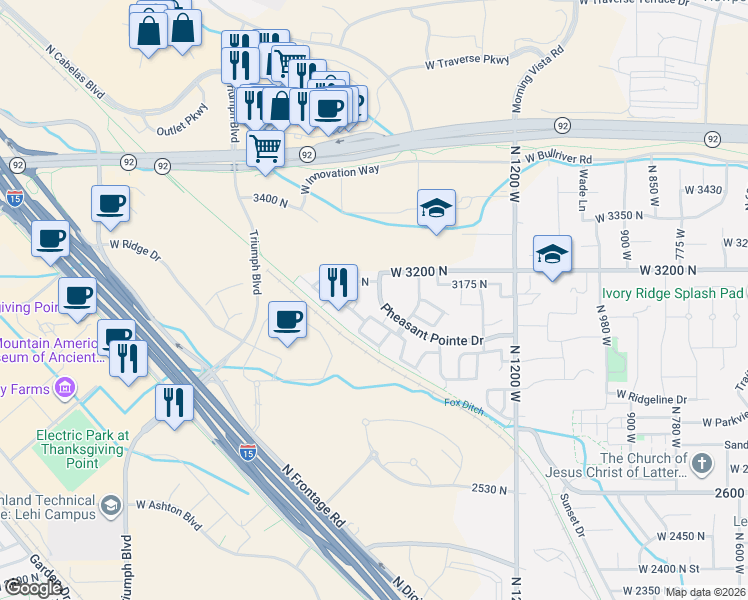 map of restaurants, bars, coffee shops, grocery stores, and more near 1574 WestBury Way in Lehi