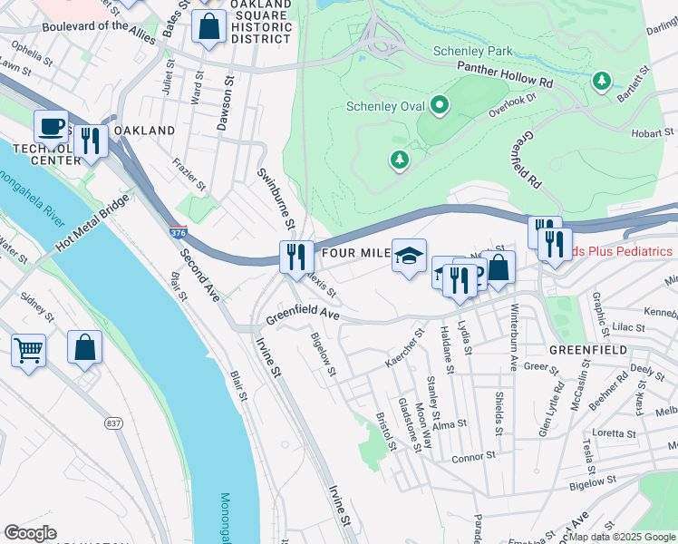 map of restaurants, bars, coffee shops, grocery stores, and more near 37 Alexis Street in Pittsburgh